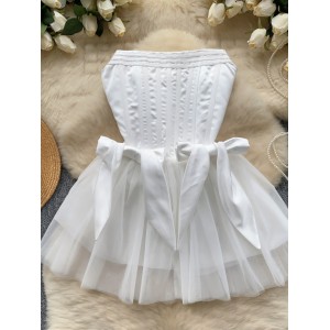 Birthday party small gift dress design sense bow tie tie waist cinching slimming sleeveless strapless mesh puffy dress