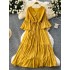 French gentle style V-neck flared sleeve tied waist, big swing ruffle edge dress, women's drape feeling, slimming long skirt