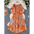 French retro fashion printed dress for women with loose straps, waist cinching and slimming effect, A-line large swing, hanging feeling, long skirt