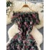 French high-end socialite mini dress with one shoulder, bubble sleeves, pleated waist, mesh, printed fluffy dress for women