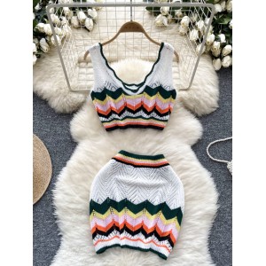 Beach vacation set for women, retro color blocked V-neck short knitted camisole vest+tight fitting hip hugging skirt