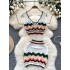 Beach vacation set for women, retro color blocked V-neck short knitted camisole vest+tight fitting hip hugging skirt