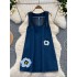 Korean style design with unique hollow out denim suspender dress, women's flower embroidery versatile high waist slimming suspender dress