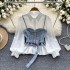 Light luxury French style high-end temperament set women's Polo collar lantern sleeve shirt+diamond studded waist strap vest