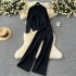 Korean style lazy style with Fried Dough Twists knitting long sleeve pullover sweater+high waist thin wide leg pants autumn and winter two-piece set