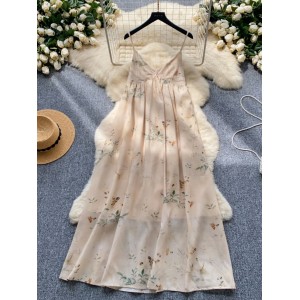 Beach vacation dress for women 2024 new gentle style, loose and slimming A-line floral backless camisole skirt