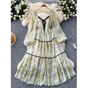 French dress women's autumn new style gentle style temperament square collar tied lantern sleeves high waisted floral chiffon skirt