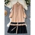 Lazy style simple dress for women with a slim and stylish design. Color blocked loose A-line mid length pleated shirt skirt