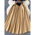 French retro court style round neck bubble sleeve dress with women's design sense, contrasting color splicing, pressed pleats, large swing long skirt