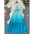 French high-end bow tie tied short sleeved waist cinched pleated dress for women to look slim and have a gradient color chiffon skirt