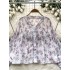 French gentle style floral chiffon shirt for women in autumn, loose and slimming, versatile V-neck single breasted long sleeved shirt