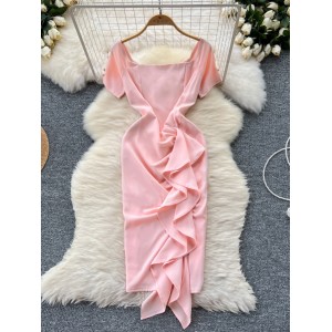 Goddess style temperament dress, women's Korean version fashionable square neck short sleeved pleated ruffle edge slim fit and slimming socialite dress