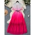 French high-end bow tie tied short sleeved waist cinched pleated dress for women to look slim and have a gradient color chiffon skirt