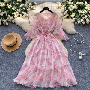 French style gentle design with tied waist and V-neck flared sleeves, slimming and elegant ruffled floral chiffon dress