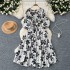 French retro fashion printed dress for women with loose straps, waist cinching and slimming effect, A-line large swing, hanging feeling, long skirt