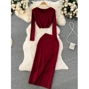 Autumn and Winter Goddess Style Knitted Set Women's V-neck Long Sleeve Short Sweater+Medium to Long Split Half Skirt Two Piece Set