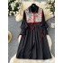 Palace style dress set for women's early autumn new style French retro lantern sleeve shirt skirt+jacquard vest