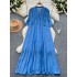 Design sense: ruffle edge splicing, V-neck, single breasted, slimming temperament dress, stylish, age reducing, loose French long skirt