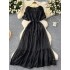 French gentle and elegant dress, women's heavy worker butterfly embroidery round neck bubble sleeve slimming waist cinching temperament long skirt