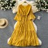 French gentle style V-neck flared sleeve tied waist, big swing ruffle edge dress, women's drape feeling, slimming long skirt