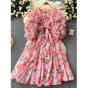 Fairy style vacation dress, niche European and American three-dimensional flower long sleeved round neck cinched waist lace up printed large swing long skirt