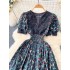 French retro printed dress with women's high-end lace V-neck and bubble sleeves, cinched waist for slimming and elegant long skirt