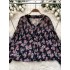 French gentle style floral chiffon shirt for women in autumn, loose and slimming, versatile V-neck single breasted long sleeved shirt