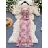 Tea break French dress women's summer gentle style, waist cinching and slimming temperament, floral suspender chiffon vacation long dress