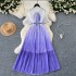 French high-end bow tie tied short sleeved waist cinched pleated dress for women to look slim and have a gradient color chiffon skirt