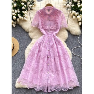 Summer style French retro elegant heavy industry lace embroidery lapel single breasted waist cinching slimming temperament dress