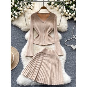 Temperament two-piece women's autumn outfit, small and gentle, long sleeved, V-neck knitted cardigan top+high waisted A-line skirt