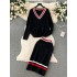 Fashion, leisure, lazy, chic, British style knitting top+high waist, hip bag, Fried Dough Twists sweater, skirt, two-piece set