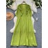 Design sense: ruffle edge splicing, V-neck, single breasted, slimming temperament dress, stylish, age reducing, loose French long skirt