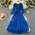 French gentle style V-neck flared sleeve tied waist, big swing ruffle edge dress, women's drape feeling, slimming long skirt