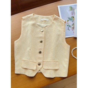 Vest women's summer new style, small fragrance temperament, retro fashion, single breasted fake pocket cardigan, outerwear top