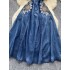 New Chinese style retro Chinese style cheongsam style denim dress with women's bubble sleeves, buckle embroidery design, light luxury long skirt