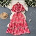 French retro mushroom border polo collar with bubble sleeves, cinched waist to show slimming temperament, floral chiffon pleated dress for summer wear