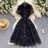 Summer style French retro elegant heavy industry lace embroidery lapel single breasted waist cinching slimming temperament dress