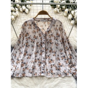 French gentle style floral chiffon shirt for women in autumn, loose and slimming, versatile V-neck single breasted long sleeved shirt