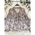 French gentle style floral chiffon shirt for women in autumn, loose and slimming, versatile V-neck single breasted long sleeved shirt