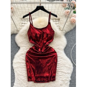 Nightclub style women's clothing 2024 new style temperament round neck pleated waist slimming short style hip hugging skirt suspender dress for women