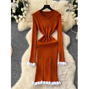 Autumn and winter bottom skirt, high-end vertical knit dress, women's waist cinching, slimming, medium to long style, with a woolen inner layer