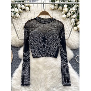 European and American versatile long sleeved round neck rhinestone mesh T-shirt for women in summer, slim fit and versatile short base shirt