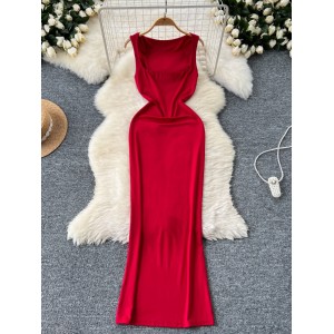 European and American ins dress women's summer new sexy square neck collarbone sleeveless slim fit and slimming, hip hugging spicy girl long skirt