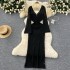 European and American sexy hollow out buckle deep V-neck flared long sleeved slim fit and slimming mid length knitted dress, hooded skirt