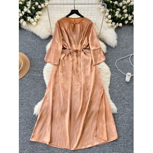 New Chinese style hollow out buckle round neck loose lace up dress with loose ties, showing a slimming temperament, slit jacquard satin long dress