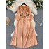 New Chinese style hollow out buckle round neck loose lace up dress with loose ties, showing a slimming temperament, slit jacquard satin long dress