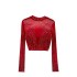 Hot and spicy women's summer European and American sexy heavy industry hot stamping thin half high neck long sleeved short style exposed navel mesh T-shirt