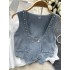 Korean style women's early autumn new French sweet and versatile long sleeved shirt+beaded diamond layered denim vest