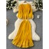 European and American high-end western-style round neck seven quarter sleeve sequin embroidered pleated top+high waist hanging half skirt set